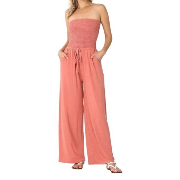 NEW ZENANA smocked romper pants suit in coral - Picture 1 of 1